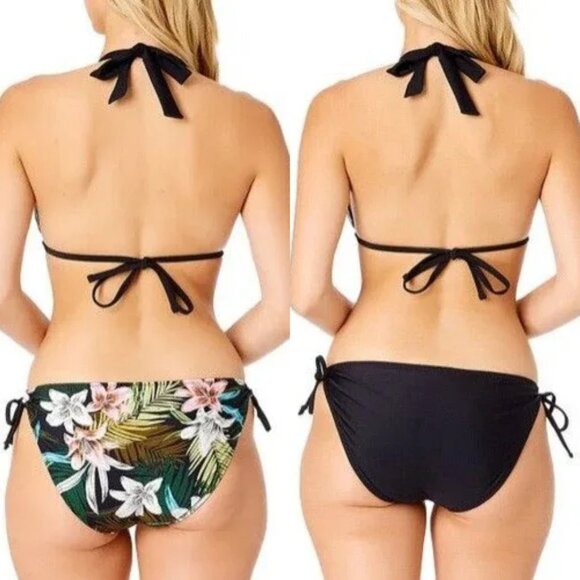 NEW Hurley Women's XL Reversible Bikini 2pc Set Black Tropical Floral Adjustable - Picture 2 of 16